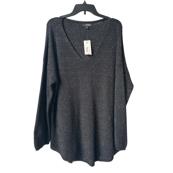 A.n.a Black Gold Lurex Sweater Top V Neck Long Sleeves Women’s Plus Size 2X - Picture 1 of 9